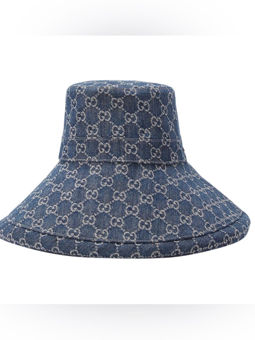 Denim Monogram Bucket Hat Large Wide Brim Jacquard Canvas Navy Blue Sun Beach - Picture 16 of 16